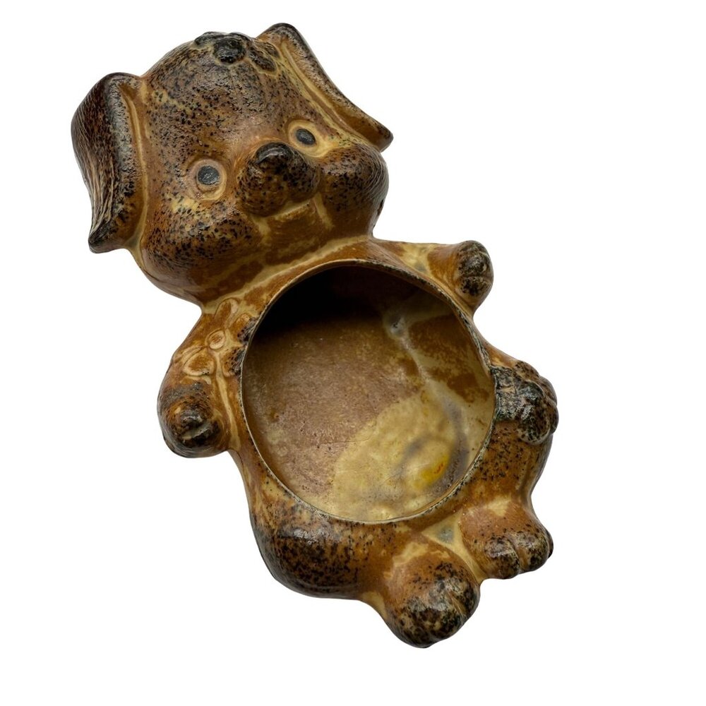 Vintage Pottery Tea Light Holder Brown Puppy Dog Figural Candle Succulent Japan